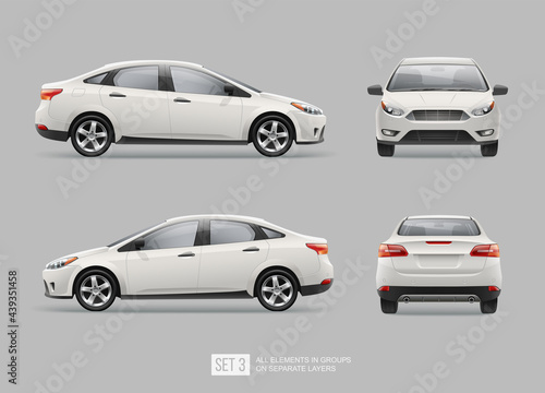Realistic Business Car Sedan isolated from grey. Corporate Vehicle template for branding mockup and corporate identity on transport. Side view white passenger car