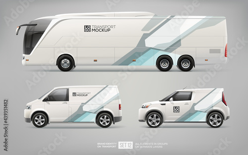 Mockup of Coach Promo tour Bus, Cargo Van and Commercial Car. Branding graphics design on transport with abstract hi-tech graphic design for Brand identity and Advertising. Commercial Coach Bus