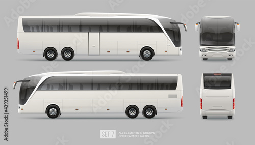 Vector  Passenger Coach bus blank surface template isolated on grey background. Travel Bus for brand identity design. Side view realistic Bus template. Side view travel coach bus photo