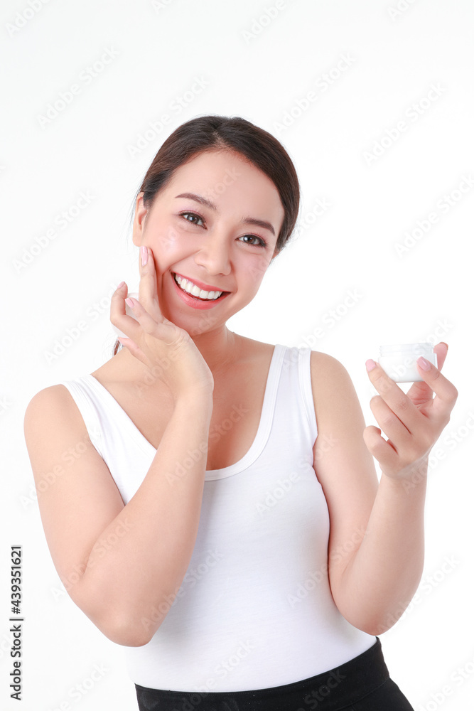 beautiful asian woman Have a beautiful smile, clean white teeth. Take care of the health of your face with skin creams. Beauty concept. white background beautiful asian woman Have a beautiful smile, clean white teeth. Take care of the health of your face with skin creams. Beauty concept. white background