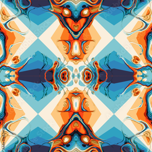 Alien creatures (heads, faces) inside a kaleidoscopic mandala painting. Retrowave vibes and colors.

