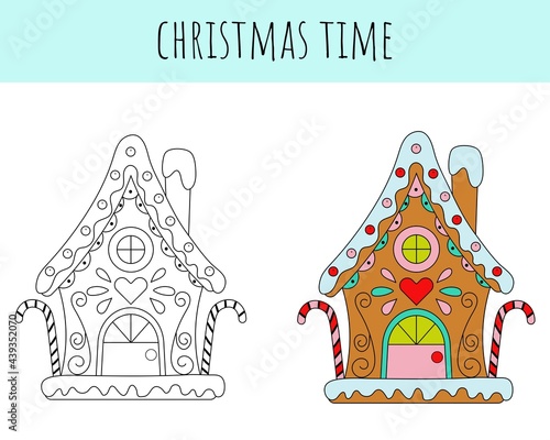 Holiday coloring page gingerbread house. Christmas coloring book for children. Festive leisure with children. Drawing game for kids. Vector illustration