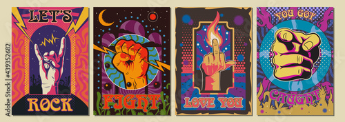 Hand Gestures and Psychedelic Art Backgrounds, 1960s - 1970s Rock Music Posters Style Illustrations 