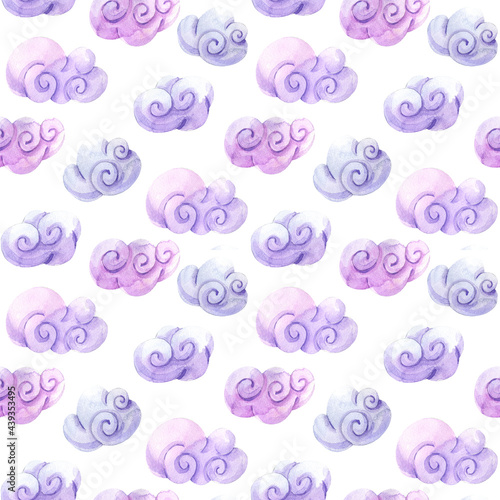 Watercolor cute seamless pattern with stars and clouds. Hand drawn collage illustration with abstract pastel clouds. 