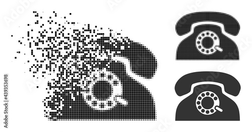 Fragmented pixelated pulse phone icon with destruction effect, and halftone vector image. Pixelated degradation effect for pulse phone gives speed and movement of cyberspace concepts.