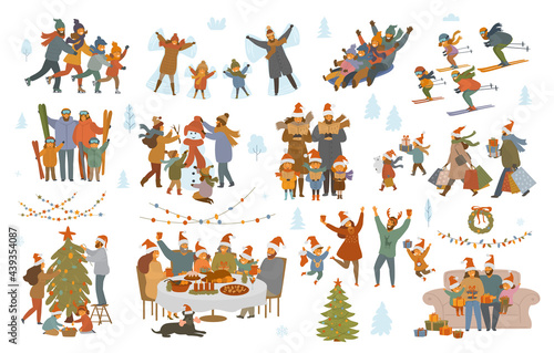 merry christmas winter family set, parents children shopping, sledding, ice skate, skiing, make snowman, sing carols, celebrate xmas evening, have dinner, decorate tree, exchange presents scenes