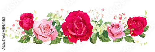 Panoramic view  bouquet of roses  spring blossom  gypsophila. Horizontal border  pink  red flowers  buds  green leaves on white background. Digital draw illustration watercolor style  vintage  vector