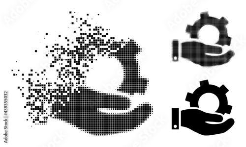 Shredded pixelated service pictogram with destruction effect, and halftone vector pictogram. Pixelated degradation effect for service shows speed and motion of cyberspace items.