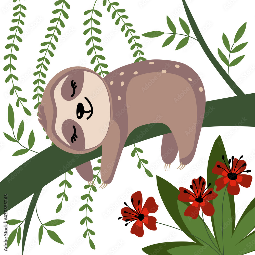 Fototapeta premium Sloth sleeping on a branch in a beautiful forest. Cute vector illustration isolated on white background. Baby shower card, poster, decoration, sticker.