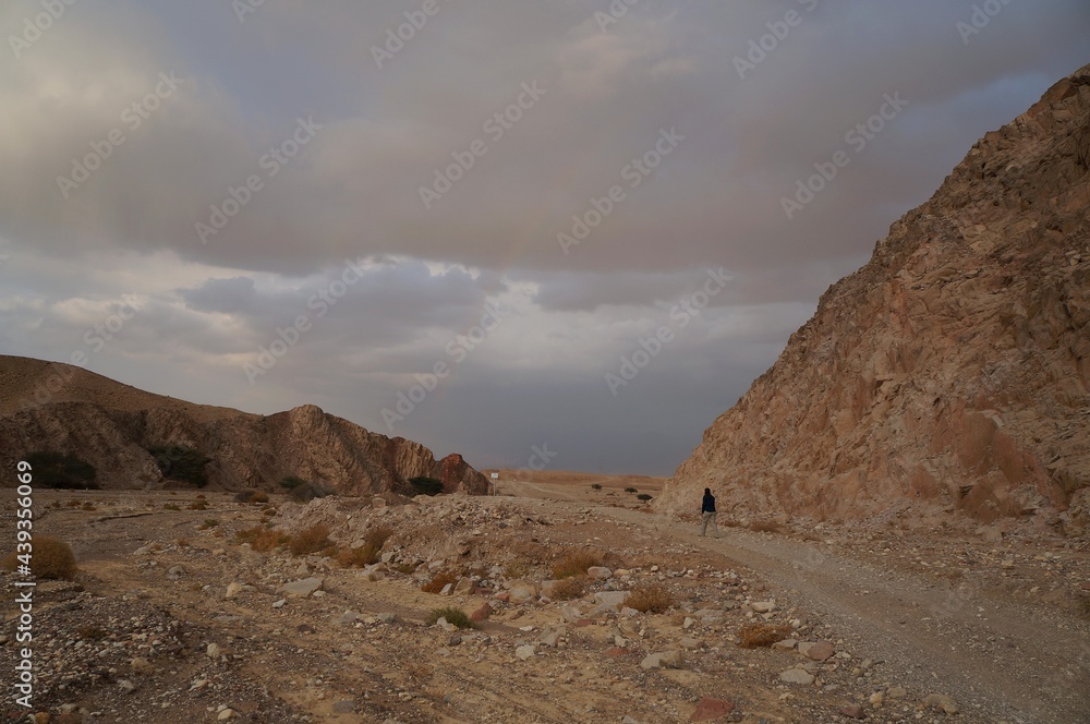 Hiking in twilight near Eilat in South Israel