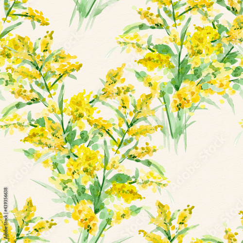 seamless texture with simple sketch of spring yellow flowers. watercolor painting