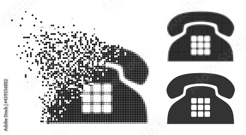 Erosion dotted tone phone glyph with destruction effect, and halftone vector pictogram. Pixel erosion effect for tone phone shows speed and movement of cyberspace items.