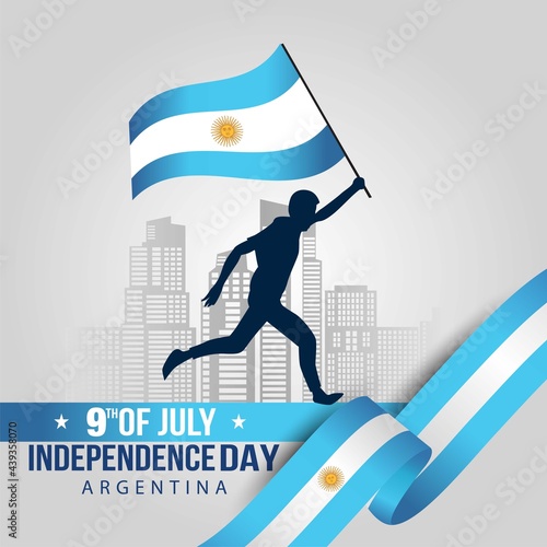 running with flag finalsilhouette man with the Argentina flag running towards the dream. 9th of July greeting card and lettering text Happy Independence day .vector illustration
