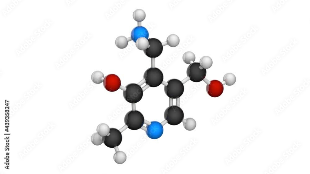 Molecular structure of Vitamin B6 (Pyridoxamine). 3D render. Seamless loop. Chemical structure model: Ball and Stick. White background.