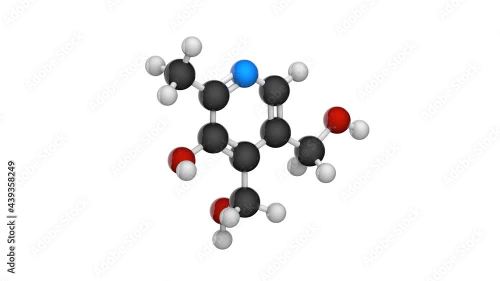 Molecular structure of Vitamin B6 (Pyridoxine). Also known as Pyridoxol. 3D render. Seamless loop. Chemical structure model: Ball and Stick. White background. Molecular structure of Vitamin B6 (Pyridoxine). Also known as Pyridoxol. 3D render. Seamless loop. Chemical structure model: Ball and Stick. White background.
