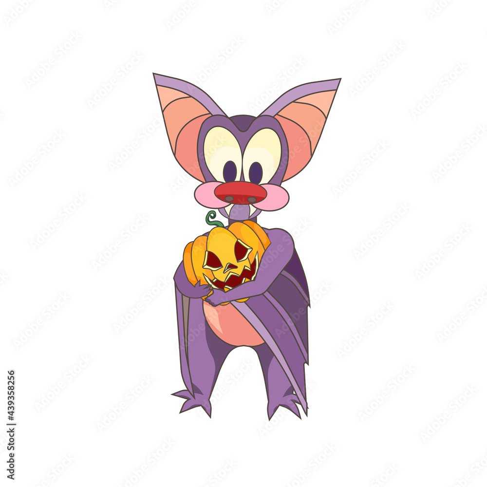 Lovely cartoon bat hugging a carved pumpkin named Jack O Lantern on white isolated background, bat and Jack O Lantern in Cartoon style, concept of Halloween and Festivals, Animals and Pets.