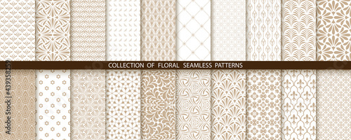Geometric floral set of seamless patterns. Beige and white vector backgrounds. Simple illustrations