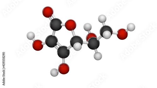 Chemical structure of Vitamin C (Ascorbic acid). Also known as ascorbate. Formula: C6H8O6. 3D render. Seamless loop. Chemical structure model: Ball and Stick. White background.