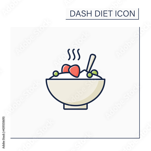 Porridge bowl color icon. Healthy meal, diet food. Grain with fruits for breakfast. High health care level. Dash diet concept. Isolated vector illustration