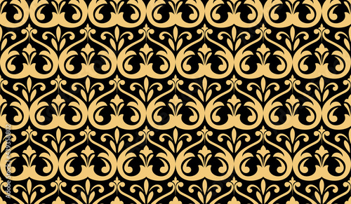 Wallpaper in the style of Baroque. Seamless vector background. Gold and black floral ornament. Graphic pattern for fabric, wallpaper, packaging. Ornate Damask flower ornament