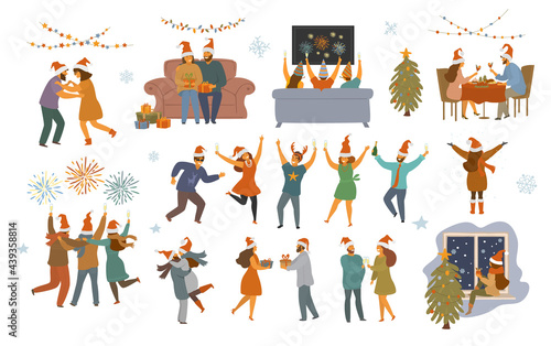 people celebrating christmas and happy new year night, isolated  vector illustration graphic scenes set