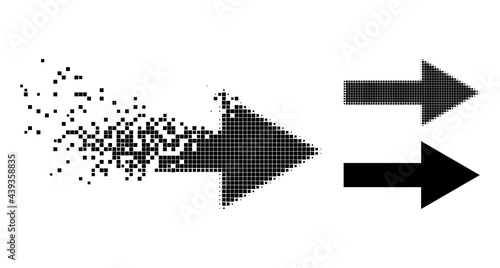 Fragmented pixelated arrow right pictogram with wind effect, and halftone vector pictogram. Pixel creation effect for arrow right demonstrates speed and motion of cyberspace matter.
