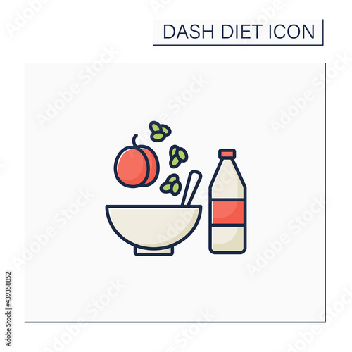 Healthy food color icon. Crunchy oat clusters with peach and yogurt for breakfast. High health care level. Dash diet concept. Isolated vector illustration