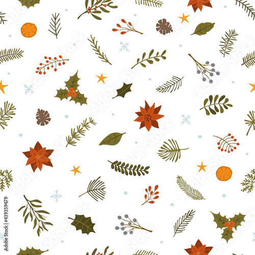 merry christmas winter foliage plants, poinsettia flowers leaves branches, red berries and snowflakes seamless pattern swatch © VecTerrain