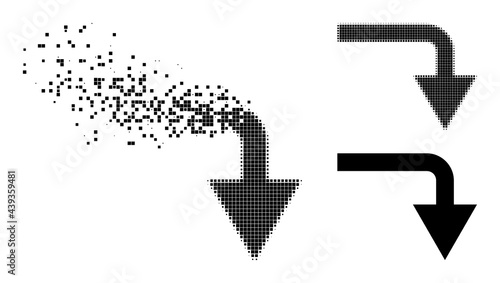 Disintegrating pixelated turn down icon with wind effect, and halftone vector icon. Pixelated dissolving effect for turn down demonstrates speed and movement of cyberspace concepts.