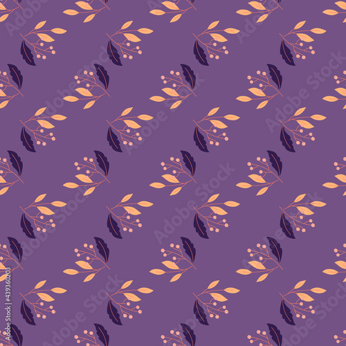 Seasonal seamless doodle pattern with orange foliage and berries shapes. Purple background. Vintage elements.