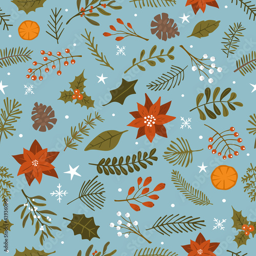 winter christmas seasonal foliage flowers twigs and branches, star and snowflakes seamless pattern texture background