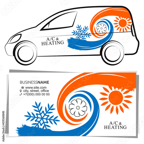 Air cooling and heating in the house design. Business card concept and advertising graphics for cars.