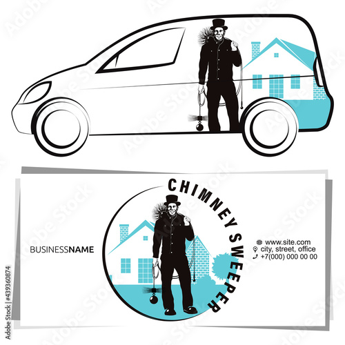 Chimney sweep with a tool in his hands in uniform. Business card concept and advertising graphics for cars.