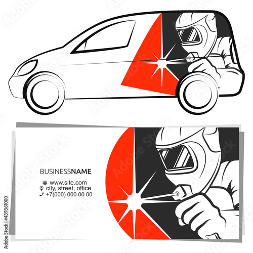 Masked welder with a welding machine in hand. Business card concept and advertising graphics for cars.