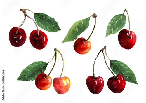 Set of red cherry berries, yellow and pink cherries with green leaves on a white background. Collection of individual elements for design of fabric, background, wallpaper. Watercolor.