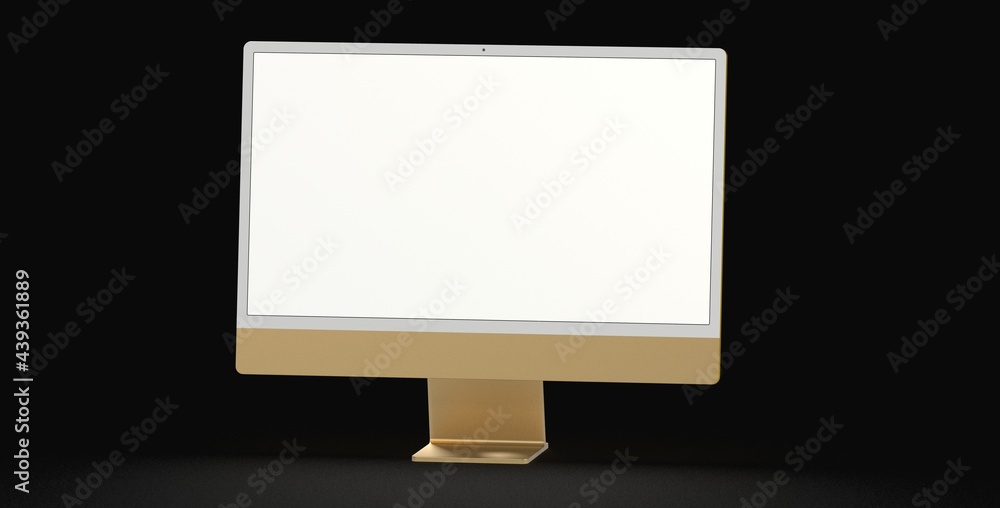 Realistic 3D Computer, with a white screen, isolated on a background dark gold Realistic 3D Computer, with a white screen, isolated on a background dark gold