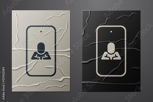 White Online psychological counseling distance icon isolated on crumpled paper background. Psychotherapy, psychological help, psychiatrist online consulting. Paper art style. Vector
