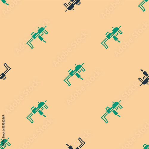 Green and black MP9 submachine gun icon isolated seamless pattern on beige background. Automatic weapon. Vector