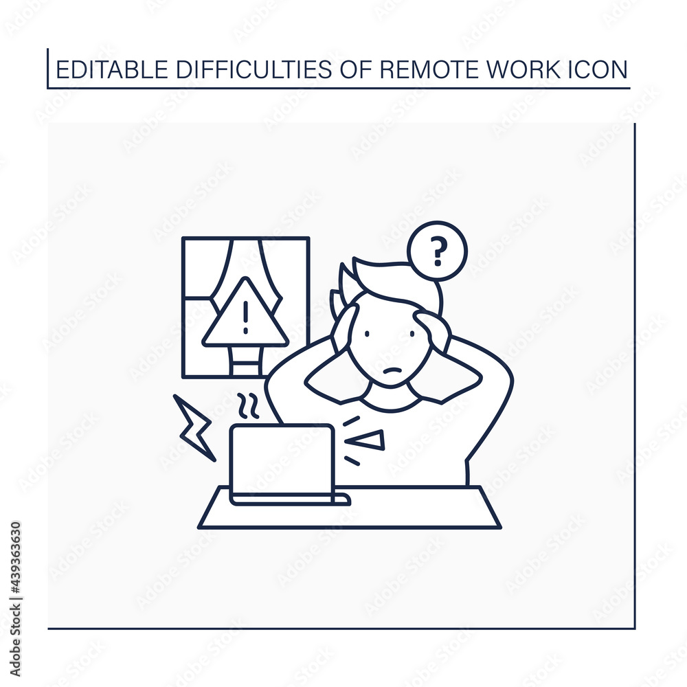 Remote work line icon. Technical, equipment issues.Work instrument broken. Career difficulties concept. Isolated vector illustration. Editable stroke Remote work line icon. Technical, equipment issues.Work instrument broken. Career difficulties concept. Isolated vector illustration. Editable stroke