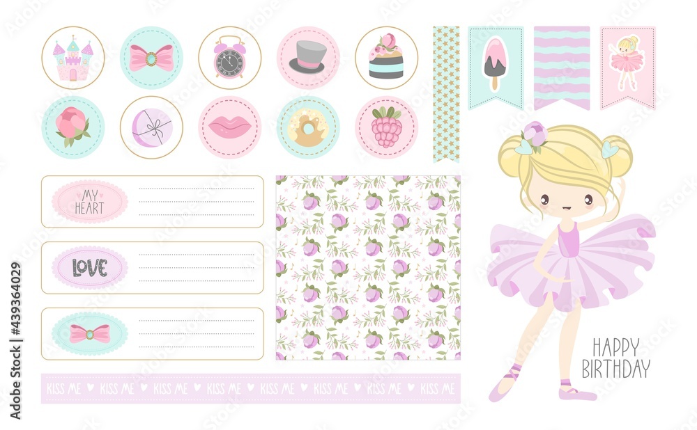 A set of stickers and postcards Ballet for a Happy Birthday. Cute ballerinas, flowers, plants, patterns. Vector illustration.
A set of stickers and postcards Ballet for a Happy Birthday. Cute ballerinas, flowers, plants, patterns. Vector illustration.