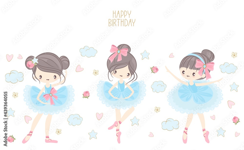 Cute ballerina on the background of stars, clouds and hearts. Vector illustration in a simple style. Cute ballerina on the background of stars, clouds and hearts. Vector illustration in a simple style.
