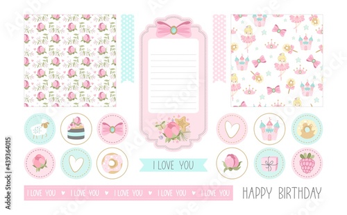 A set of stickers and postcards Ballet for a Happy Birthday. Cute ballerinas, flowers, plants, patterns. Vector illustration.