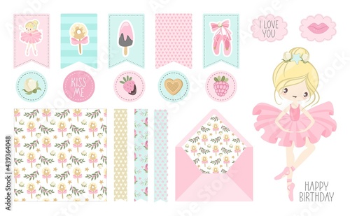 A set of stickers and postcards Ballet for a Happy Birthday. Cute ballerinas, flowers, plants, patterns. Vector illustration.
