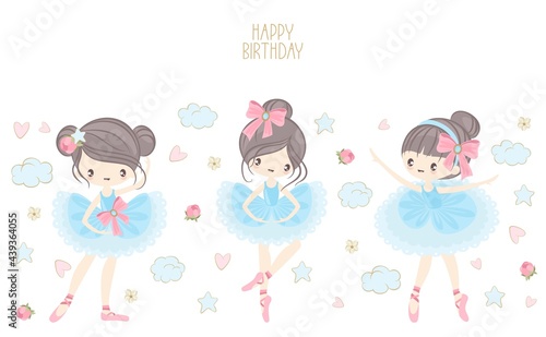 Cute ballerina on the background of stars, clouds and hearts. Vector illustration in a simple style.
