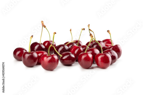 Sweet Cherries, Isolated on White Background – Prunus Avium Wild Cherry Cultivar, Group, Heap, Bunch, with Shadow, Red Glossy Berries – Detailed Close-Up Macro, High Resolution