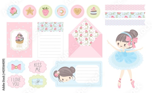A set of stickers and postcards Ballet for a Happy Birthday. Cute ballerinas, flowers, plants, patterns. Vector illustration.