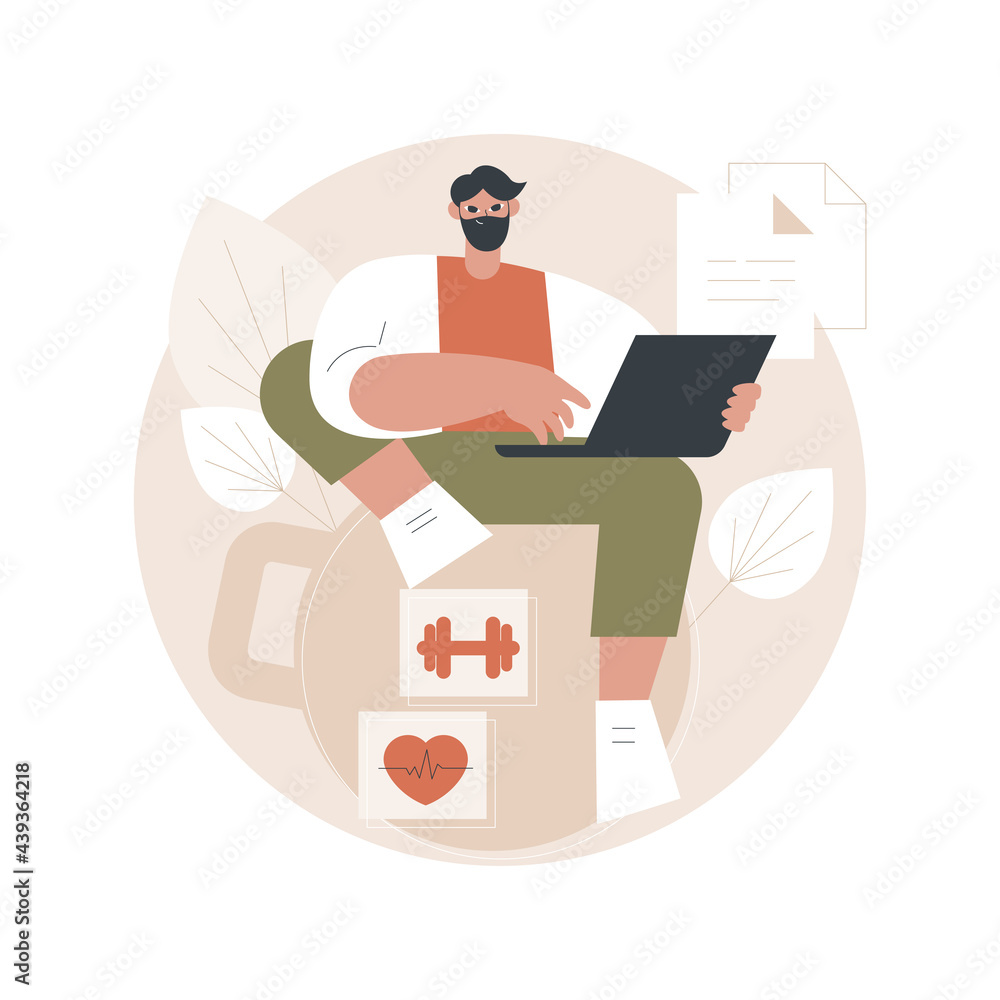 Fitness-focused workspace abstract concept vector illustration. Fitness-focused lifestyle, health-conscious workspace, modern office, gym subscription, employee well-being abstract metaphor.