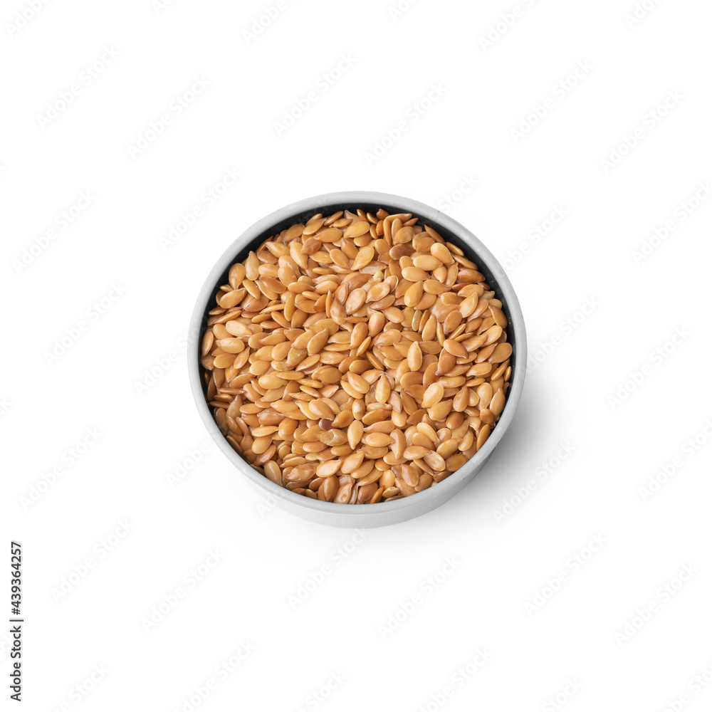 Golden Flax Seeds in White Bowl, Top View, Isolated on White Background – Common Flax, Linseed, Linum Usitatissimum – Detailed Close-Up Macro, High Resolution Golden Flax Seeds in White Bowl, Top View, Isolated on White Background – Common Flax, Linseed, Linum Usitatissimum – Detailed Close-Up Macro, High Resolution