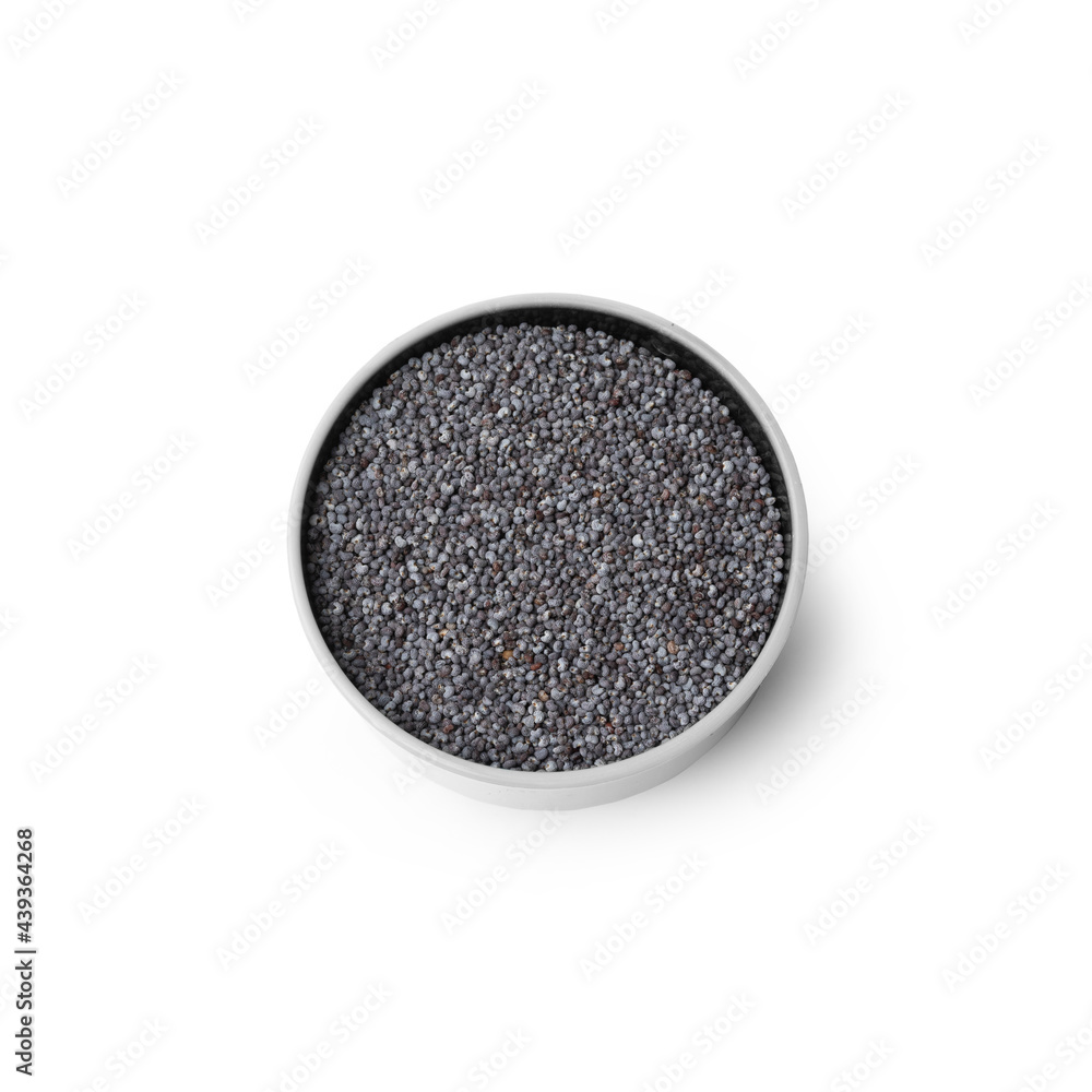 Poppy Seeds in White Bowl, Top View, Isolated on White Background – Black Opium Oilseeds, Papaver Somniferum, Ingredient for Pastry and Bread – Detailed Close-Up Macro, High Resolution Poppy Seeds in White Bowl, Top View, Isolated on White Background – Black Opium Oilseeds, Papaver Somniferum, Ingredient for Pastry and Bread – Detailed Close-Up Macro, High Resolution
