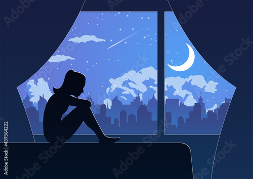 Silhouette design of lonely girl sit sadly in her room,vector illustration